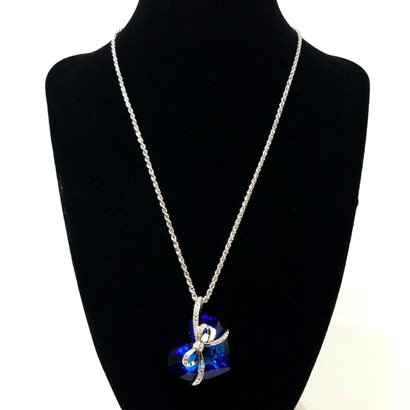 925 SS USA Simulated Diamonds Titanic Style Sapphire Tone Crystal Necklace 18" - Picture 3 of 6